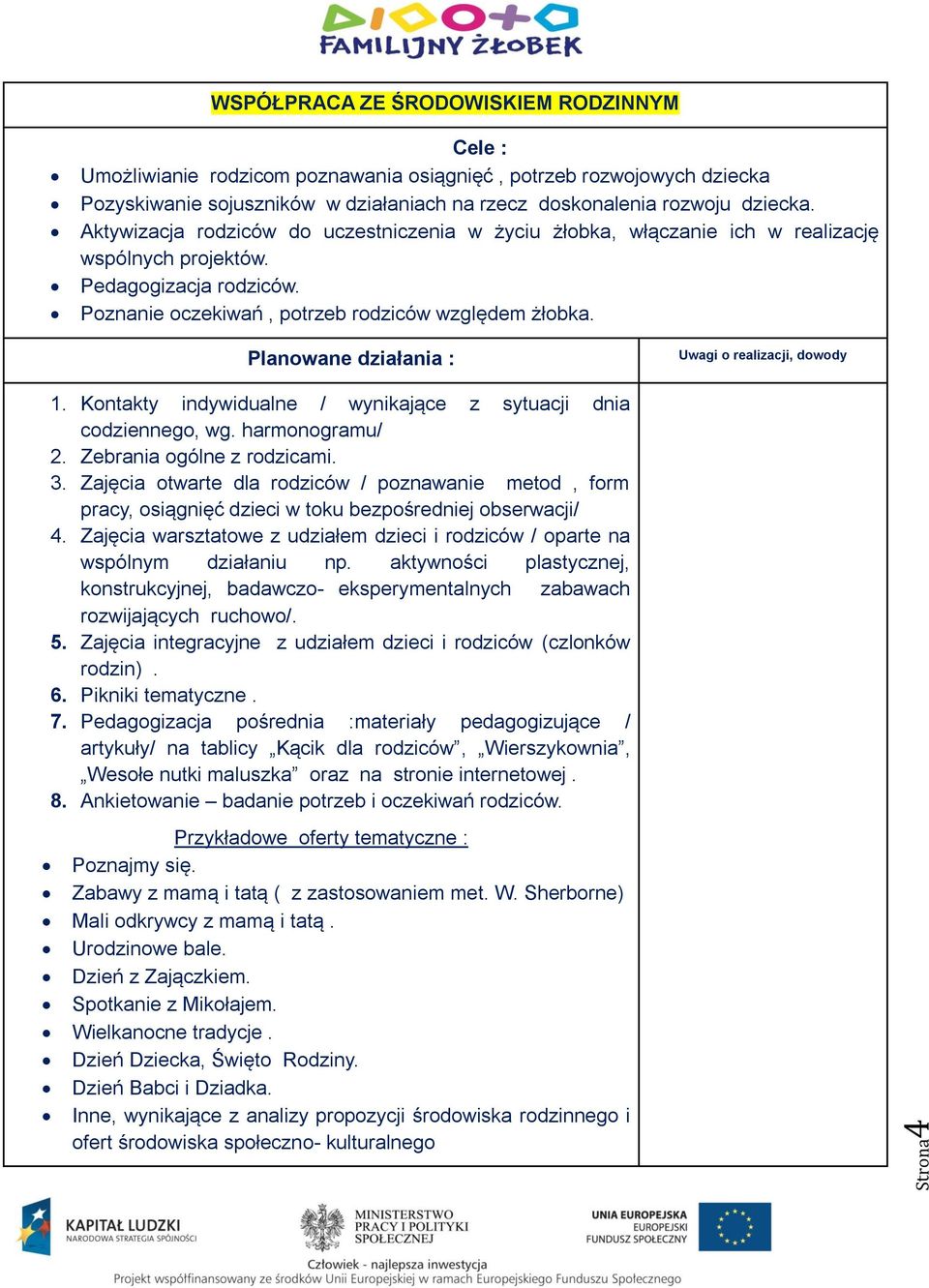 Planowane działania : Uwagi o realizacji, dowody 1. Kontakty indywidualne / wynikające z sytuacji dnia codziennego, wg. harmonogramu/ 2. Zebrania ogólne z rodzicami. 3.