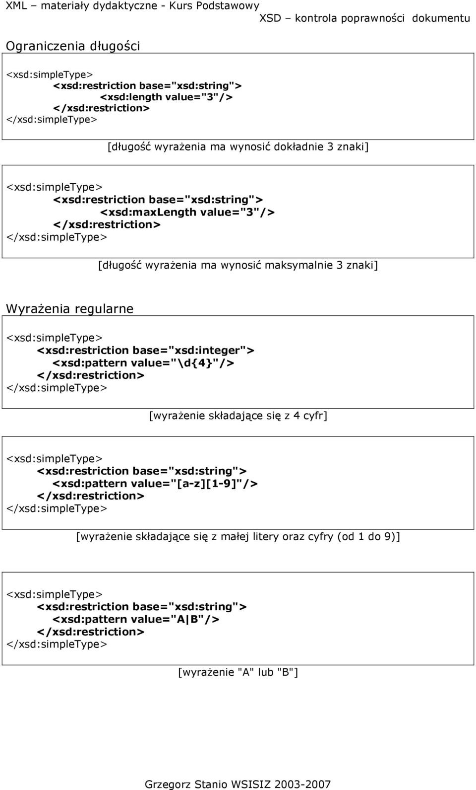 base="xsd:integer"> <xsd:pattern value="\d{4}"/> [wyraŝenie składające się z 4 cyfr] <xsd:pattern