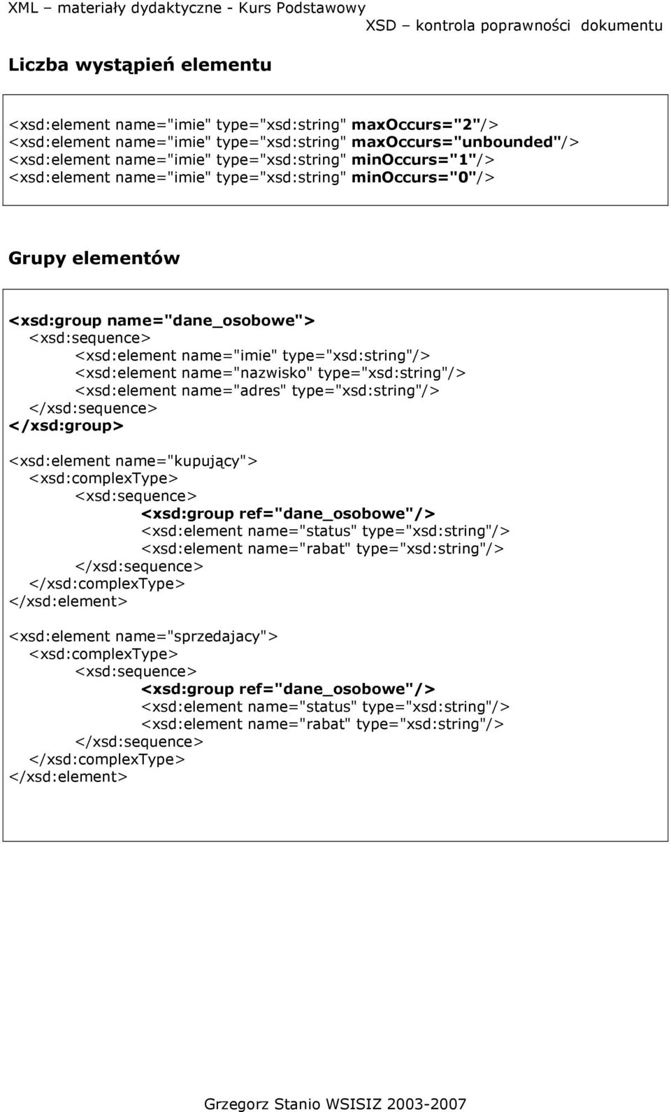 name="nazwisko" type="xsd:string"/> <xsd:element name="adres" type="xsd:string"/> </xsd:group> <xsd:element name="kupujący"> <xsd:group ref="dane_osobowe"/> <xsd:element name="status"