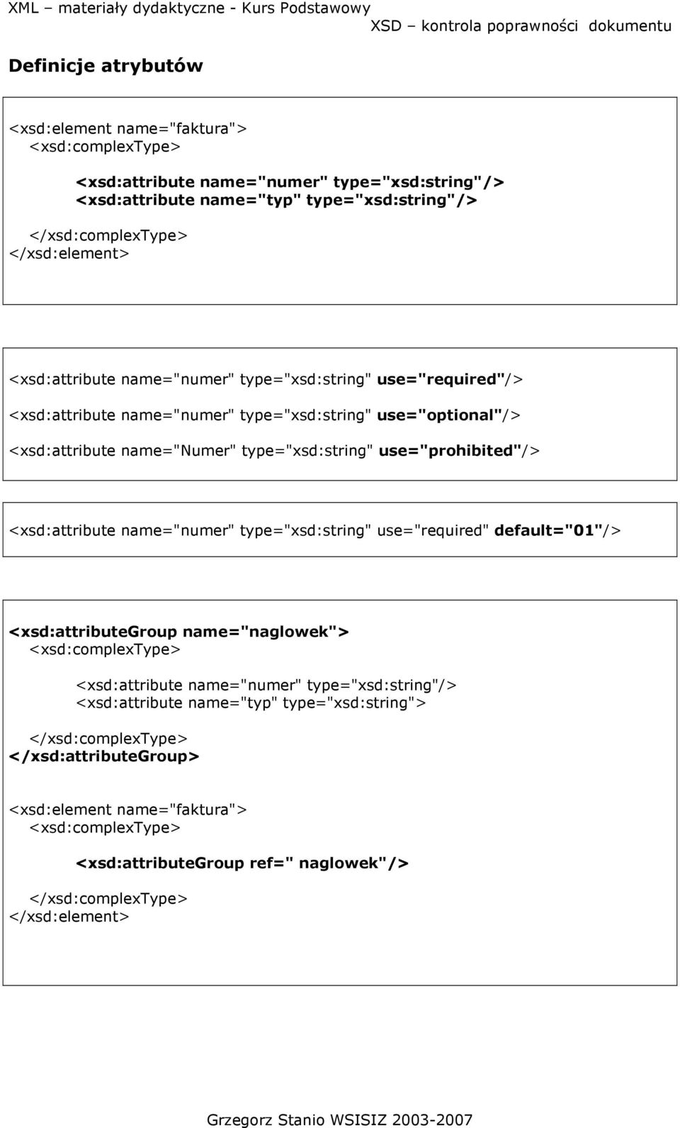 type="xsd:string" use="prohibited"/> <xsd:attribute name="numer" type="xsd:string" use="required" default="01"/> <xsd:attributegroup name="naglowek">