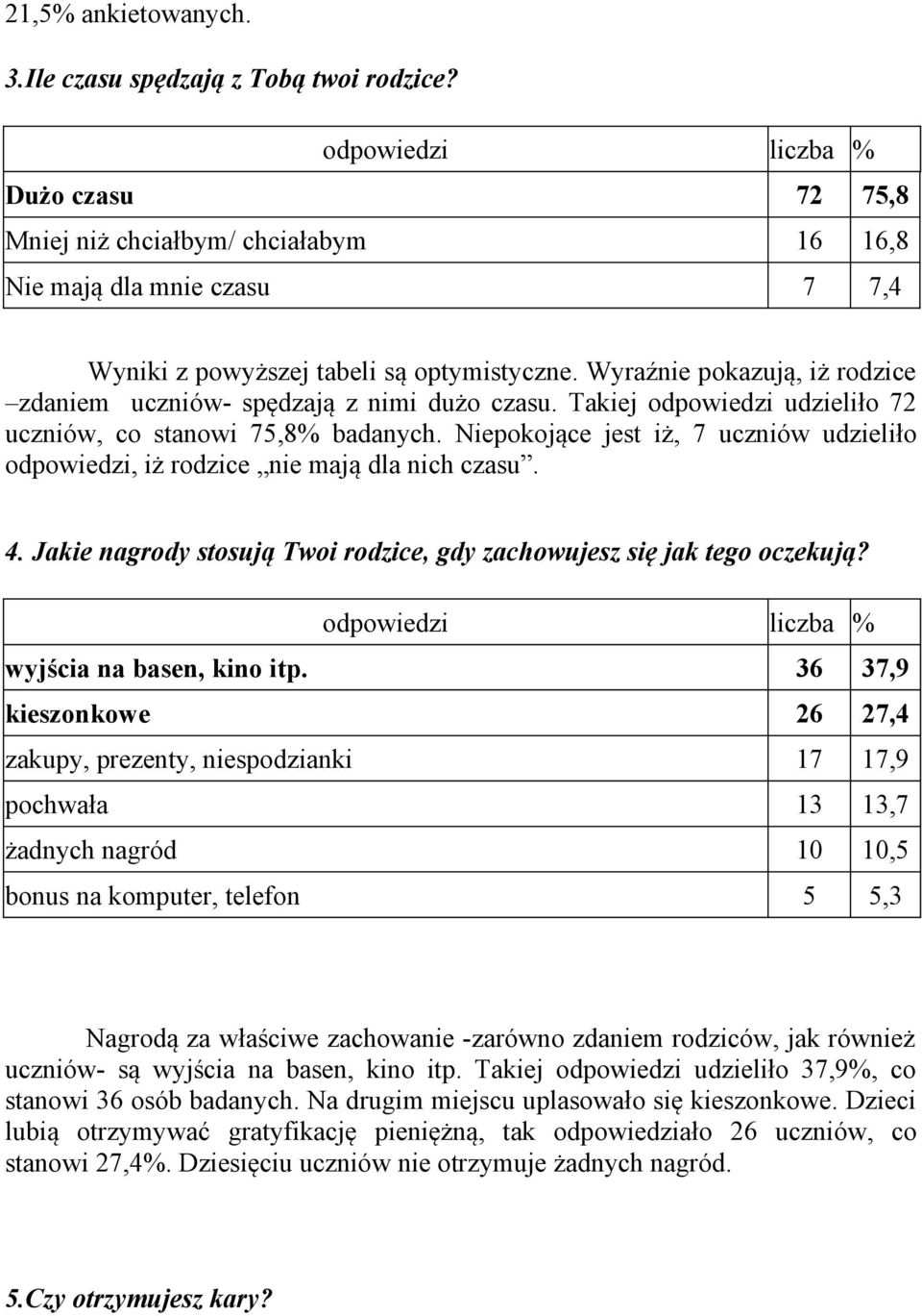 Niepokojące jest iż, 7 uczniów udzieliło odpowiedzi, iż rodzice nie mają dla nich czasu. 4. Jakie nagrody stosują Twoi rodzice, gdy zachowujesz się jak tego oczekują? wyjścia na basen, kino itp.