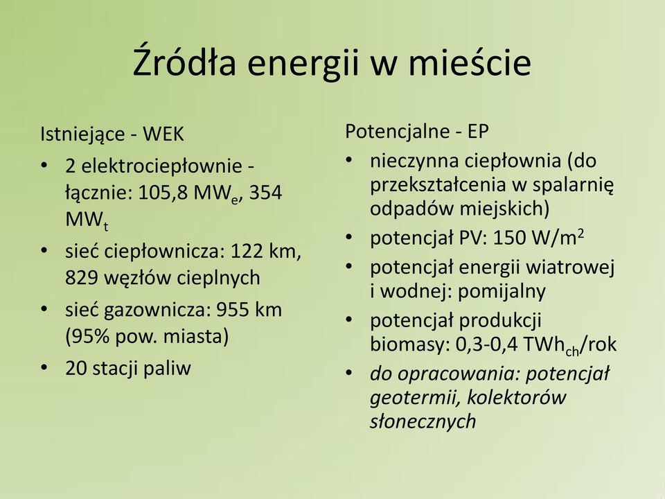 miasta) 20 stacji paliw Potencjalne - EP ie zy a iepłow ia do przekształ e ia w spalar ię odpadów miejskich)