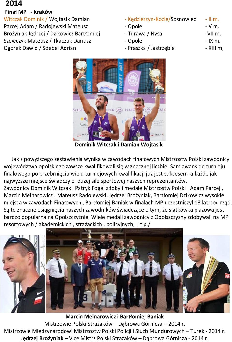 Ogórek Dawid / Sdebel Adrian - Praszka / Jastrzębie - XIII m, Dominik Witczak i Damian Wojtasik Jak z powyższego zestawienia wynika w zawodach finałowych Mistrzostw Polski zawodnicy województwa