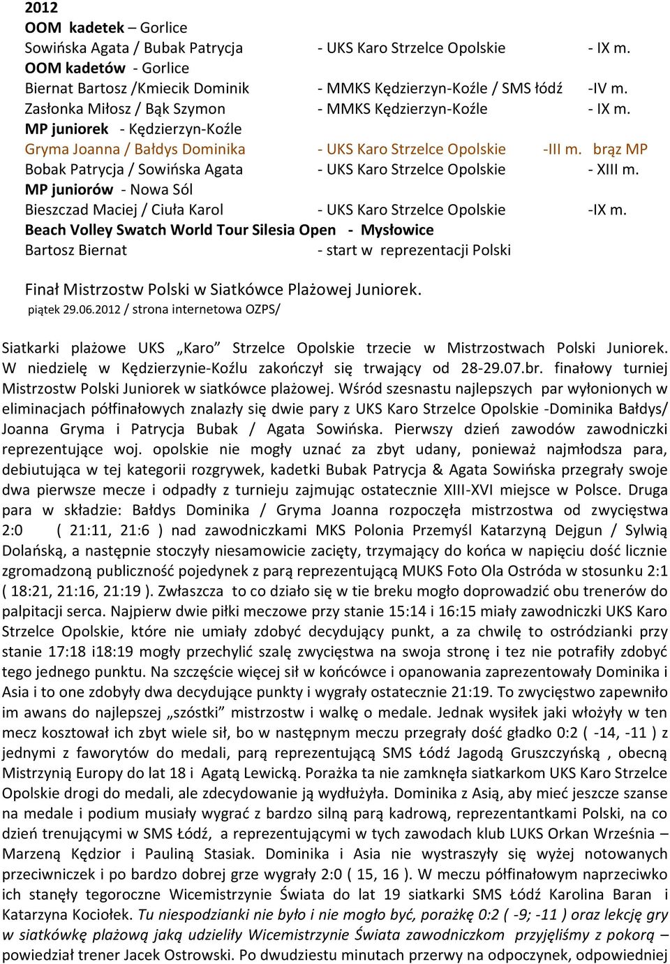 brąz MP Bobak Patrycja / Sowińska Agata - UKS Karo Strzelce Opolskie - XIII m. MP juniorów - Nowa Sól Bieszczad Maciej / Ciuła Karol - UKS Karo Strzelce Opolskie -IX m.