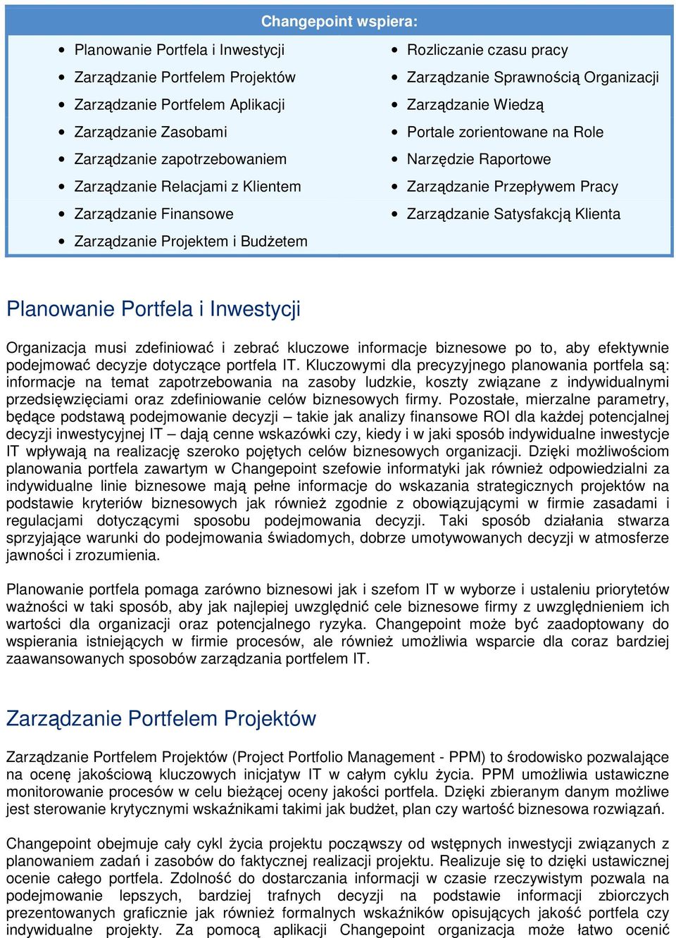 Zarządzanie Przepływem Pracy Zarządzanie Satysfakcją Klienta Planowanie Portfela i Inwestycji Organizacja musi zdefiniować i zebrać kluczowe informacje biznesowe po to, aby efektywnie podejmować