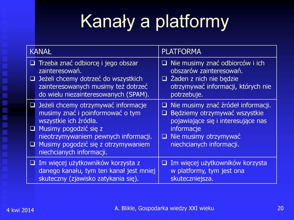 Musimy pogodzić się z otrzymywaniem niechcianych informacji. Im więcej użytkowników korzysta z danego kanału, tym ten kanał jest mniej skuteczny (zjawisko zatykania się).