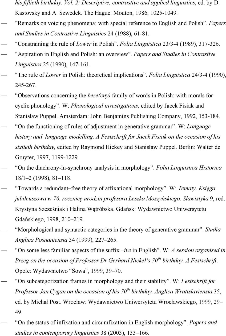 Folia Linguistica 23/3-4 (1989), 317-326. Aspiration in English and Polish: an overview. Papers and Studies in Contrastive Linguistics 25 (1990), 147-161.