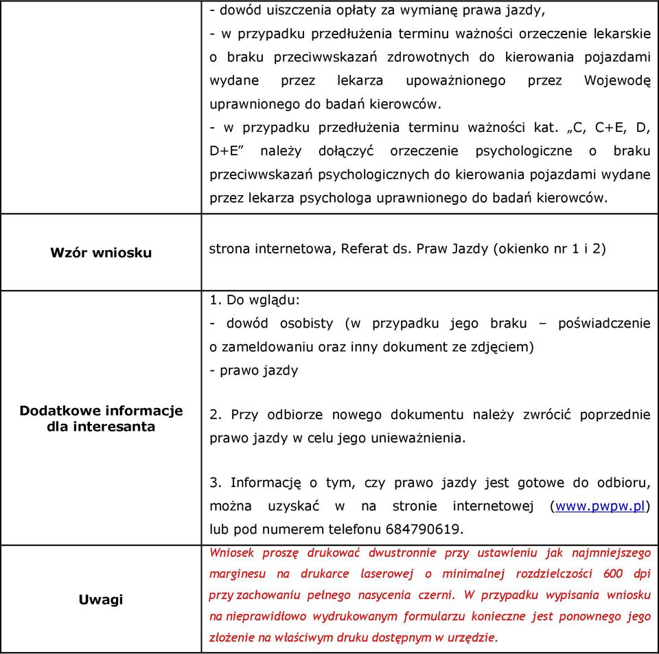 C, C+E, D, D+E dołączyć orzeczenie psychologiczne o braku przeciwwskazań psychologicznych do kierowania pojazdami wydane przez lekarza psychologa uprawnionego do badań kierowców. - prawo jazdy 2.