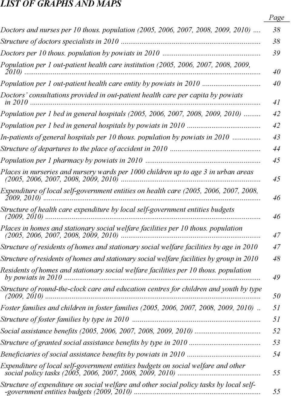 .. 40 Doctors consultations provided in out-patient health care per capita by powiats in 2010... 41 Population per 1 bed in general hospitals (2005, 2006, 2007, 2008, 2009, 2010).