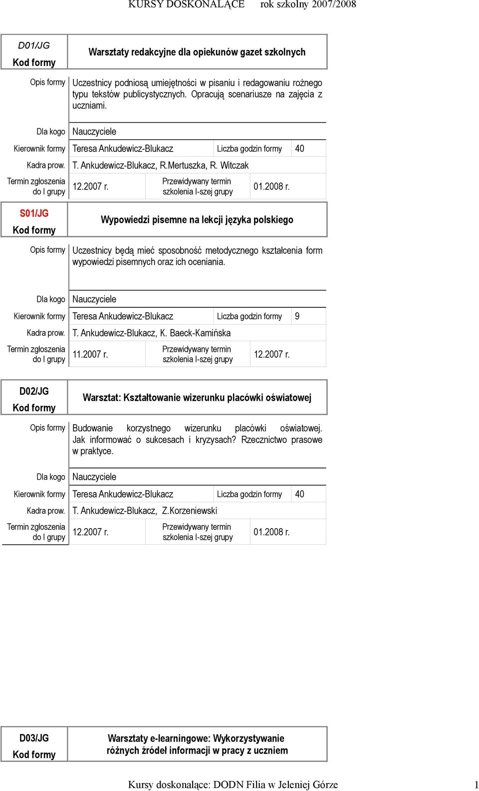 S01/JG Wypowiedzi pisemne na lekcji języka polskiego Uczestnicy będą mieć sposobność metodycznego kształcenia form wypowiedzi pisemnych oraz ich oceniania.