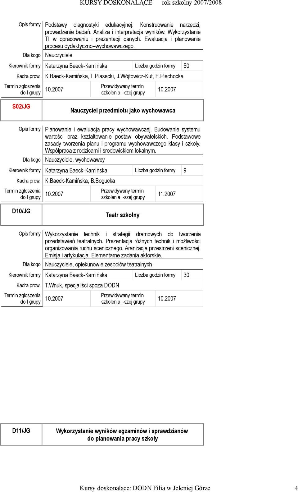 2007 Przewidywany termin 10.2007 S02/JG Nauczyciel przedmiotu jako wychowawca Planowanie i ewaluacja pracy wychowawczej. Budowanie systemu wartości oraz kształtowanie postaw obywatelskich.