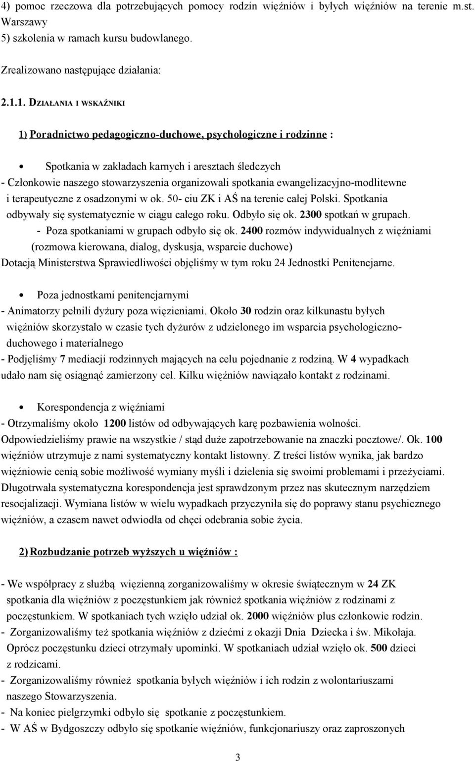 spotkania ewangelizacyjno-modlitewne i terapeutyczne z osadzonymi w ok. 50- ciu ZK i AŚ na terenie całej Polski. Spotkania odbywały się systematycznie w ciągu całego roku. Odbyło się ok.