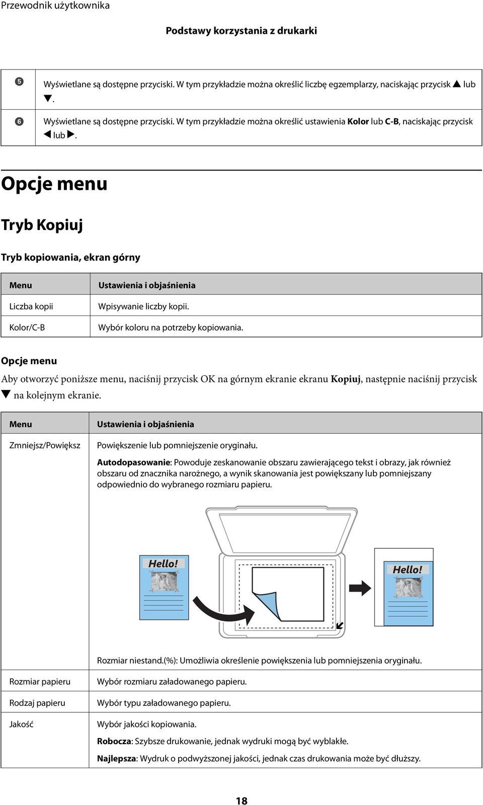 Opcje menu Aby otworzyć poniższe menu, naciśnij przycisk OK na górnym ekranie ekranu Kopiuj, następnie naciśnij przycisk d na kolejnym ekranie.