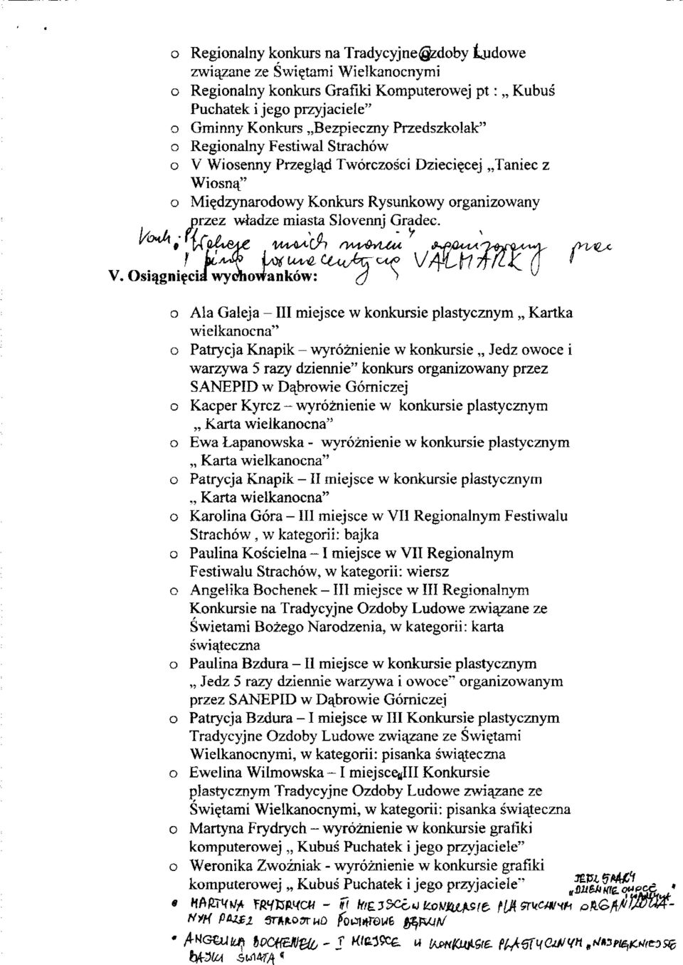 siqgni^cia wychwankw: u ' Ala Galeja - III miejsce w knkursie plastycznym Kartka wielkancna" Patrycja Knapik - wyrznienie w knkursie Jedz wce i warzywa 5 razy dziennie" knkurs rganizwany przez