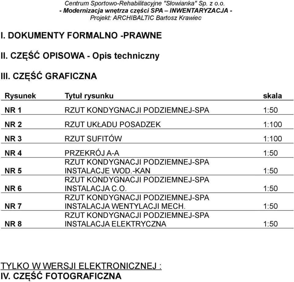 1:100 NR 4 PRZEKRÓJ A-A RZUT KONDYGNACJI PODZIEMNEJ-SPA INSTALACJE WOD.-KAN RZUT KONDYGNACJI PODZIEMNEJ-SPA INSTALACJA C.O. RZUT KONDYGNACJI PODZIEMNEJ-SPA INSTALACJA WENTYLACJI MECH.