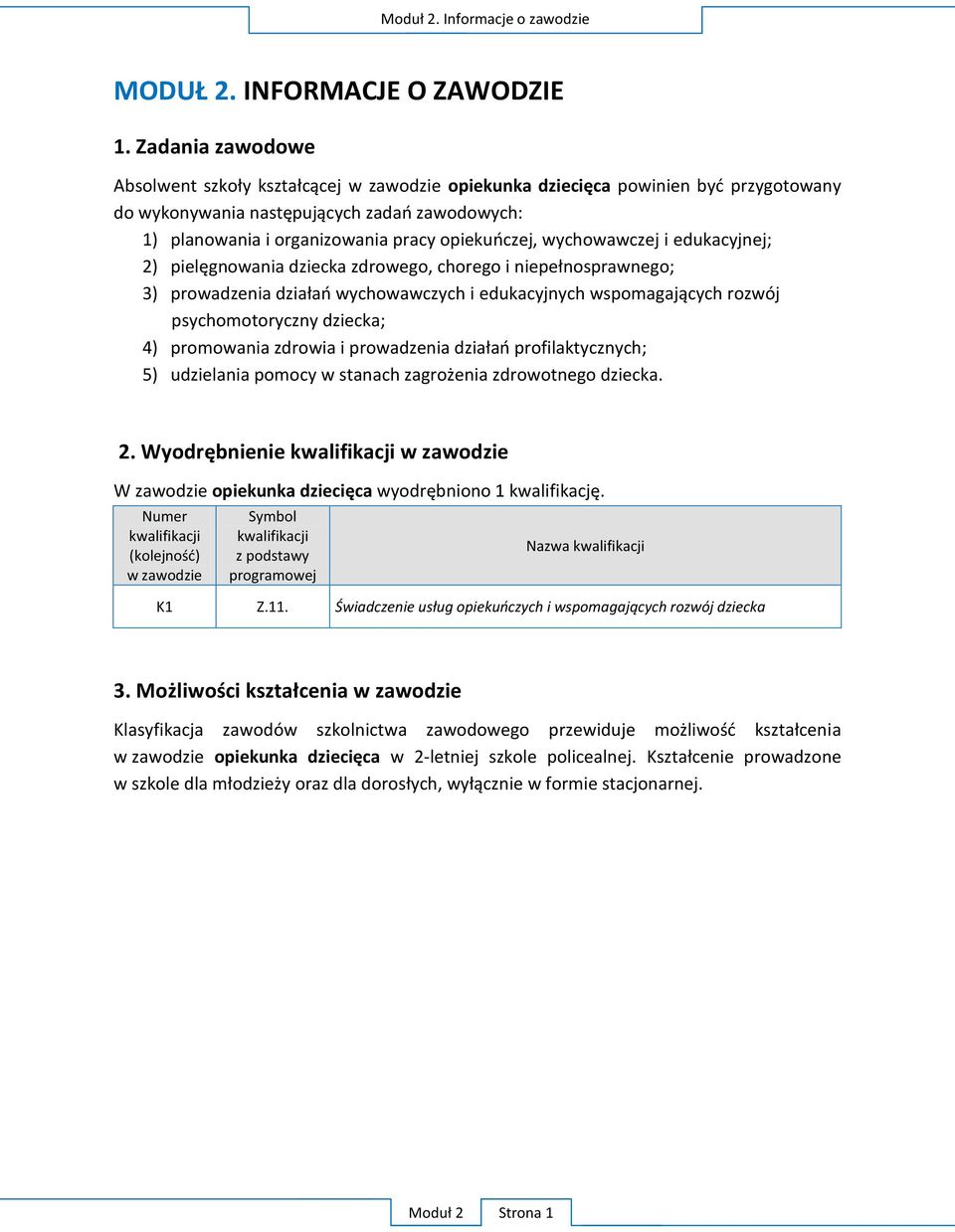 wychowawczej i edukacyjnej; 2) pielęgnowania dziecka zdrowego, chorego i niepełnosprawnego; 3) prowadzenia działań wychowawczych i edukacyjnych wspomagających rozwój psychomotoryczny dziecka; 4)