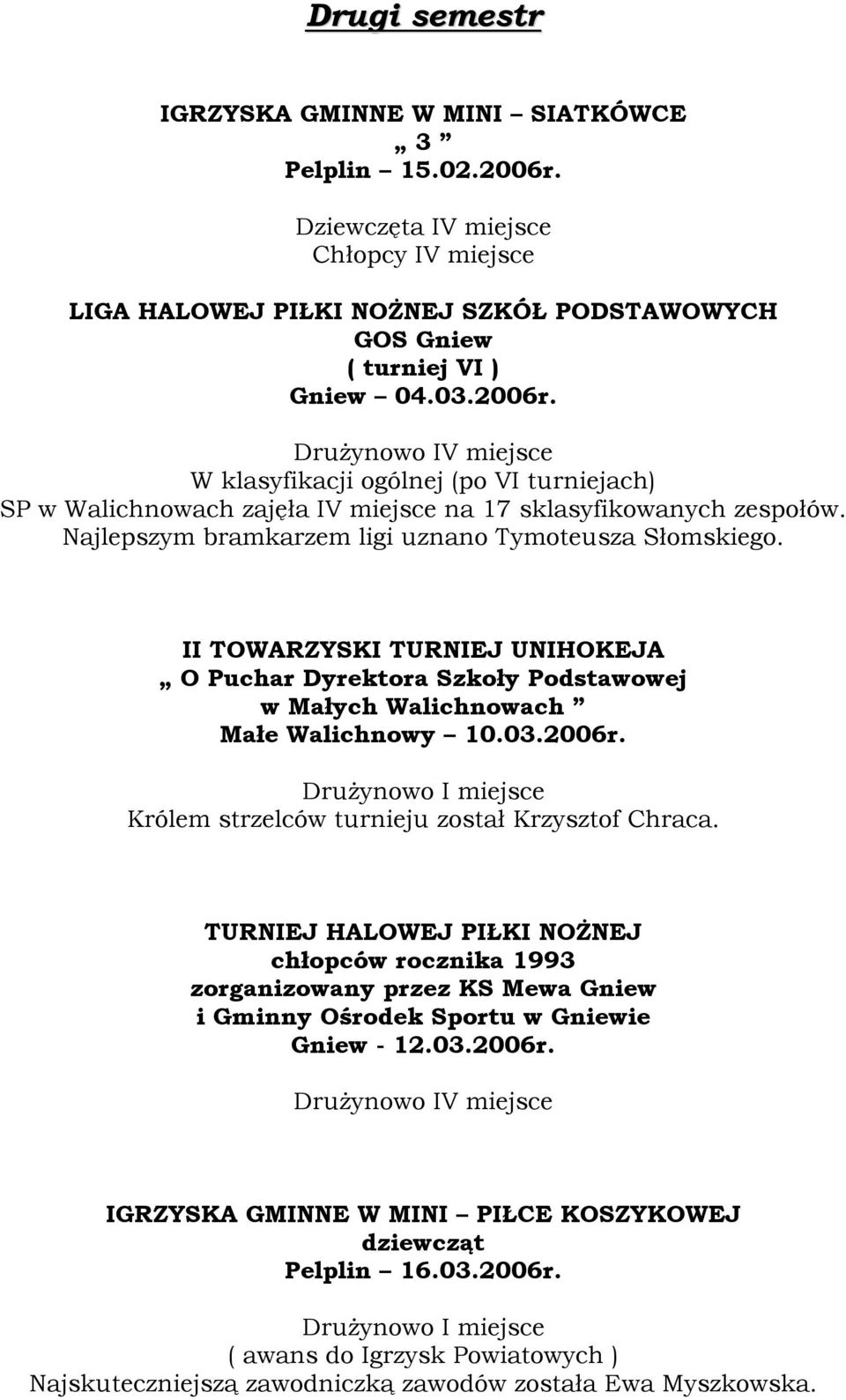 Drużynowo IV miejsce W klasyfikacji ogólnej (po VI turniejach) SP w Walichnowach zajęła IV miejsce na 17 sklasyfikowanych zespołów. Najlepszym bramkarzem ligi uznano Tymoteusza Słomskiego.