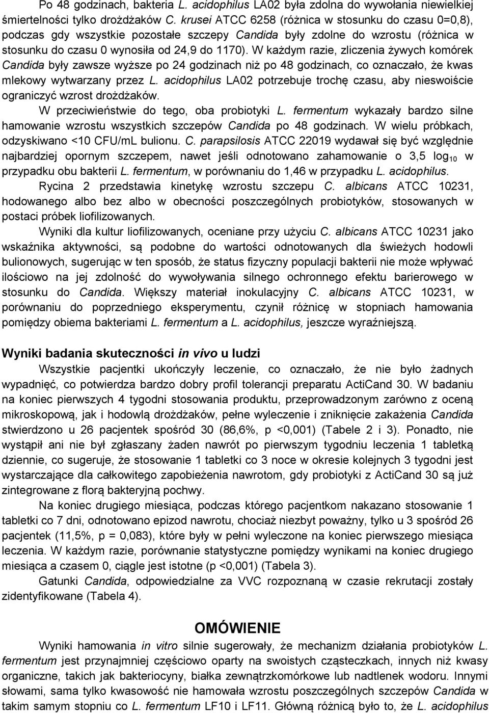 W każdym razie, zliczenia żywych komórek Candida były zawsze wyższe po 24 godzinach niż po 48 godzinach, co oznaczało, że kwas mlekowy wytwarzany przez L.