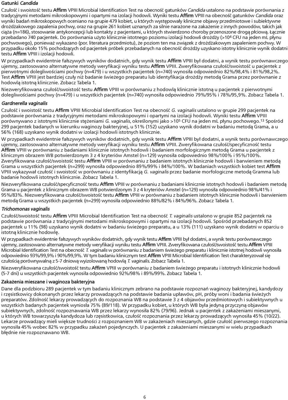 Wyniki testu Affirm VPIII na obecnoœæ gatunków Candida oraz wyniki badañ mikroskopowych oceniano na grupie 479 kobiet, u których wystêpowa³y kliniczne objawy przedmiotowe i subiektywne dro d akowego