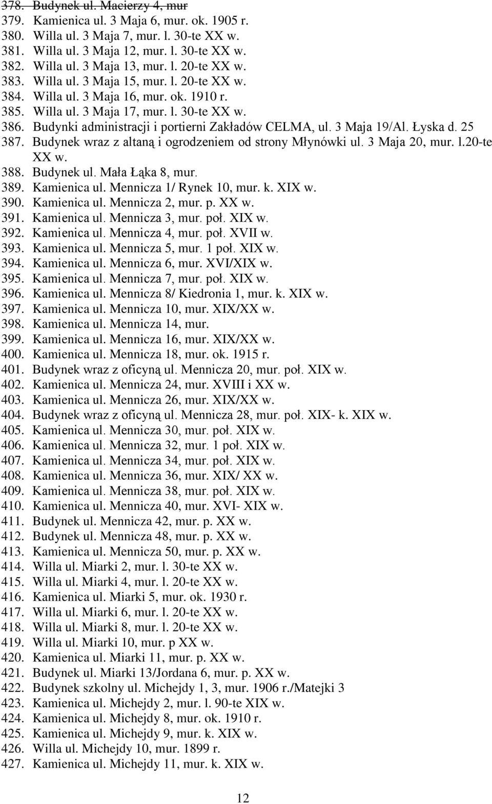 Budynki administracji i portierni Zakładów CELMA, ul. 3 Maja 19/Al. Łyska d. 25 387. Budynek wraz z altaną i ogrodzeniem od strony Młynówki ul. 3 Maja 20, mur. l.20-te XX w. 388. Budynek ul.