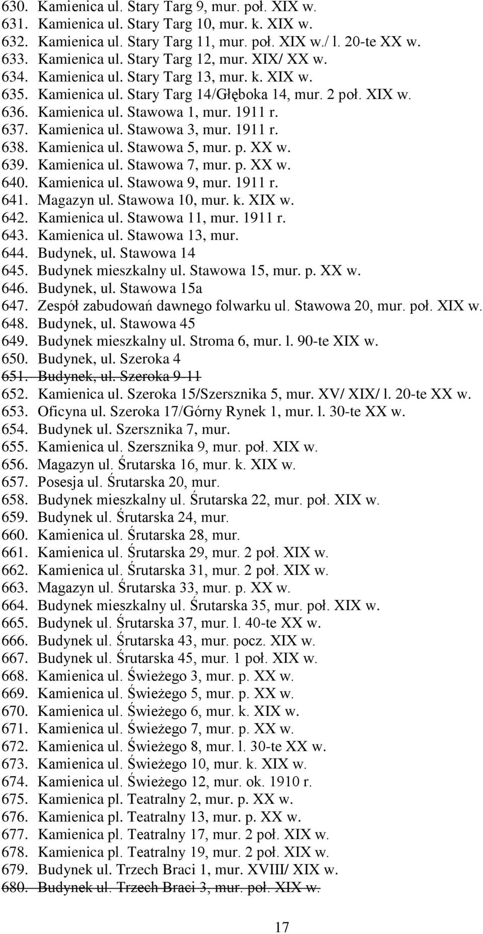 1911 r. 638. Kamienica ul. Stawowa 5, mur. p. XX w. 639. Kamienica ul. Stawowa 7, mur. p. XX w. 640. Kamienica ul. Stawowa 9, mur. 1911 r. 641. Magazyn ul. Stawowa 10, mur. k. XIX w. 642.