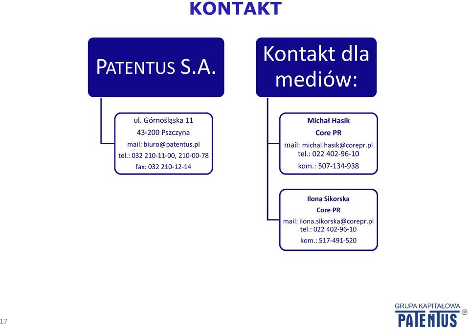 : 032 210-11-00, 210-00-78 fax: 032 210-12-14 Michał Hasik Core PR mail: michal.