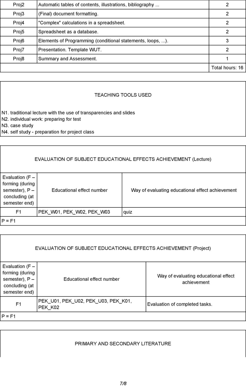 traditional lecture with the use of transparencies and slides N. individual work: preparing for test N3. case study N4.