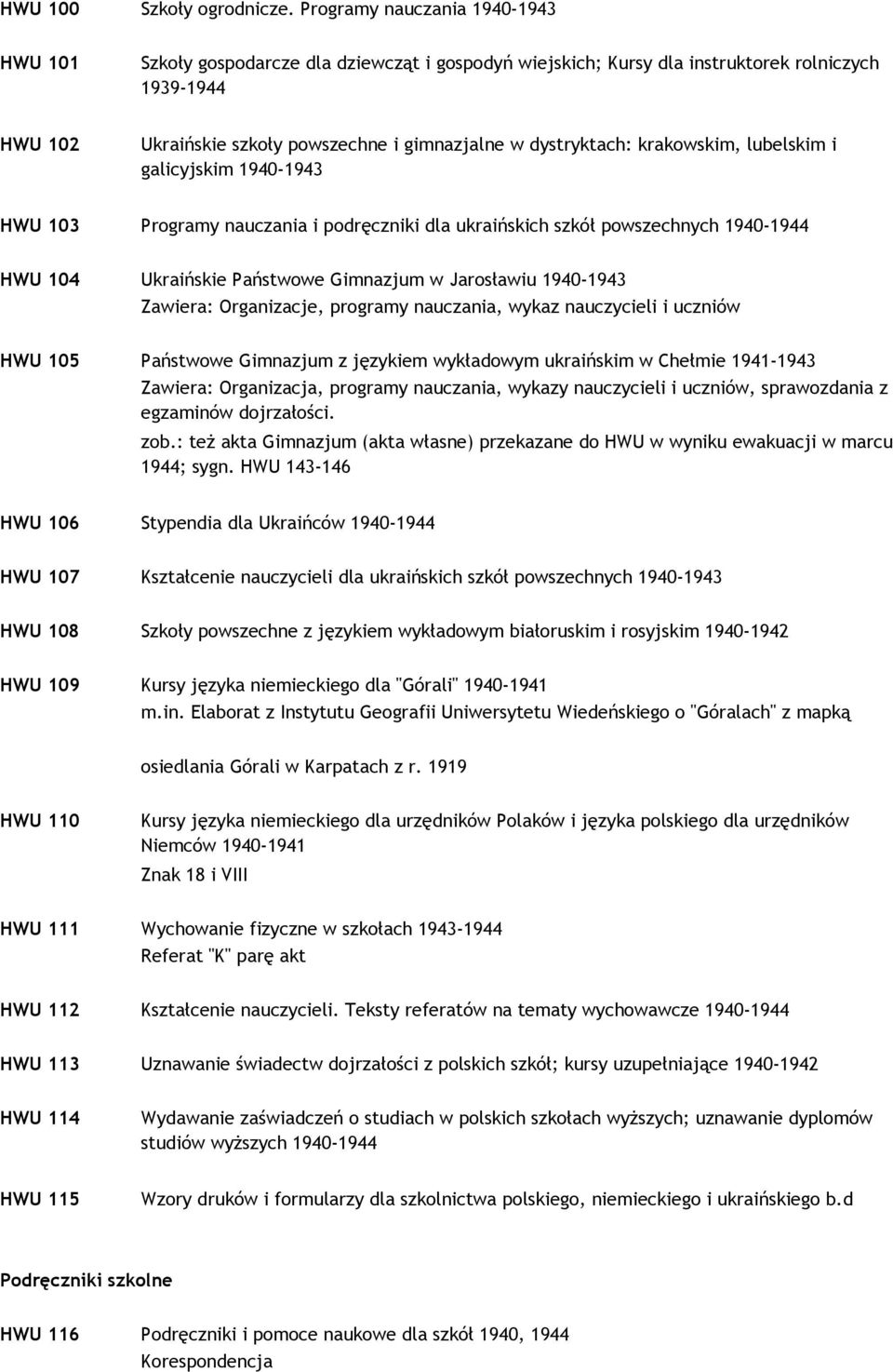 dystryktach: krakowskim, lubelskim i galicyjskim 1940-1943 HWU 103 Programy nauczania i podręczniki dla ukraińskich szkół powszechnych 1940-1944 HWU 104 Ukraińskie Państwowe Gimnazjum w Jarosławiu