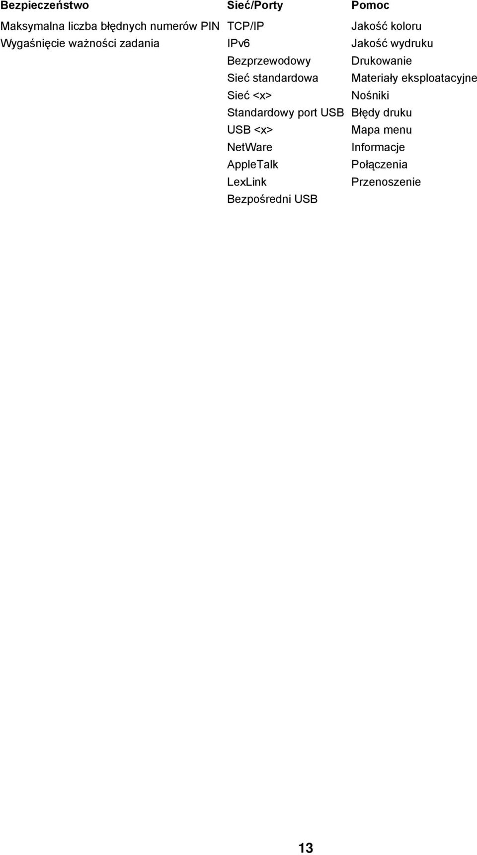 USB USB <x> NetWare AppleTalk LexLink Bezpośredni USB Jakość koloru Jakość wydruku