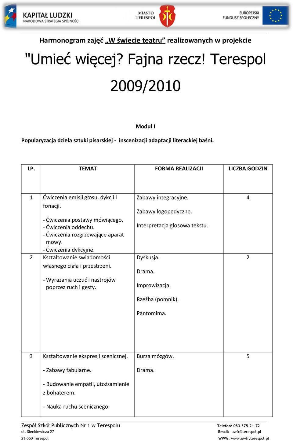 2 Kształtowanie świadomości własnego ciała i przestrzeni. - Wyrażania uczud i nastrojów poprzez ruch i gesty. Zabawy integracyjne. Zabawy logopedyczne. Interpretacja głosowa tekstu. Dyskusja. Drama.