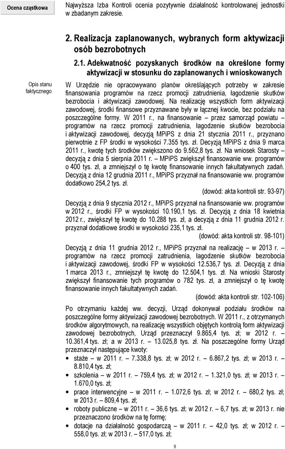 Adekwatność pozyskanych środków na określone formy aktywizacji w stosunku do zaplanowanych i wnioskowanych W Urzędzie nie opracowywano planów określających potrzeby w zakresie finansowania programów