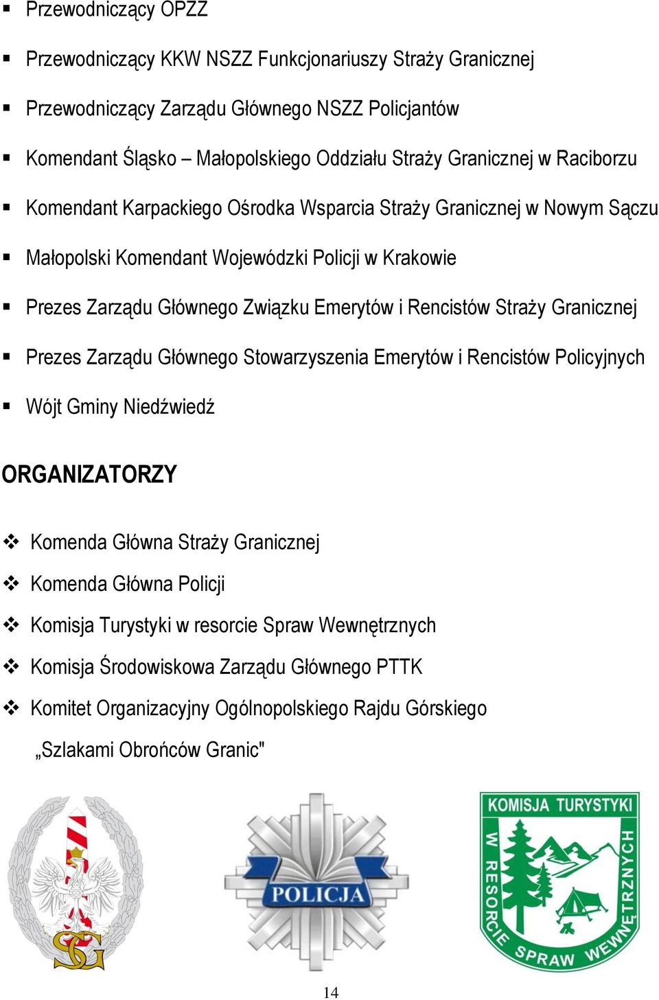 Emerytów i Rencistów Straży Granicznej Prezes Zarządu Głównego Stowarzyszenia Emerytów i Rencistów Policyjnych Wójt Gminy Niedźwiedź ORGANIZATORZY Komenda Główna Straży Granicznej