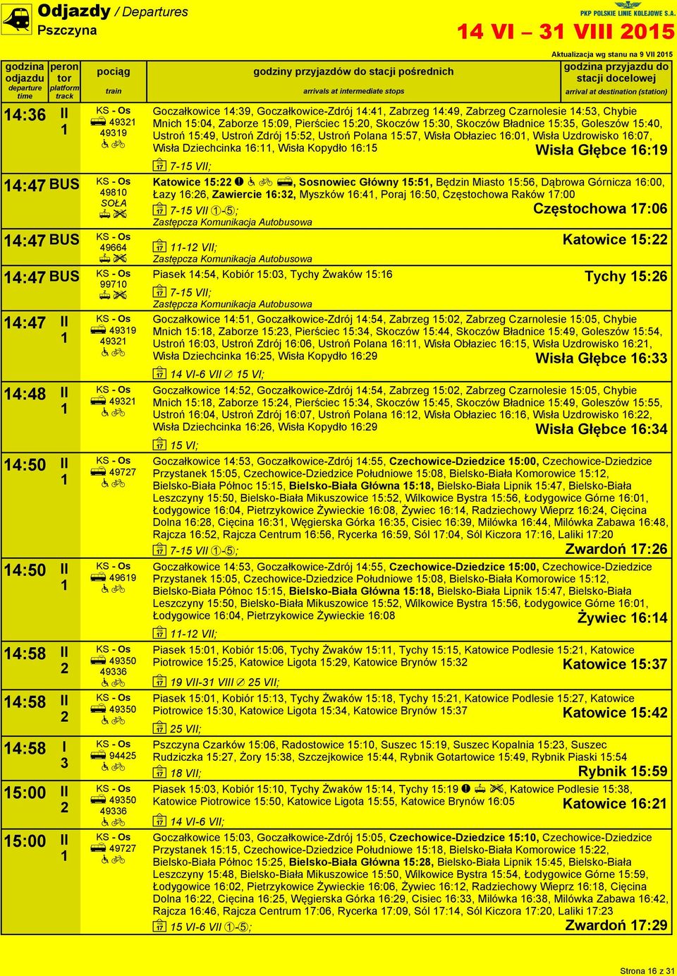 5:09, Pierściec 5:0, Skoczów 5:0, Skoczów Bładnice 5:5, Goleszów 5:40, Ustroń 5:49, Ustroń Zdrój 5:5, Ustroń Polana 5:57, Wisła Obłaziec 6:0, Wisła Uzdrowisko 6:07, Wisła Dziechcinka 6:, Wisła