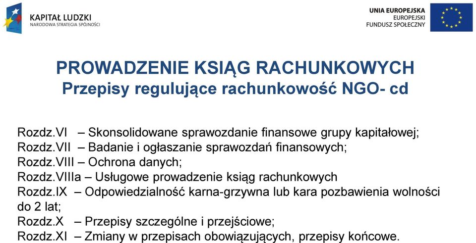 VII Badanie i ogłaszanie sprawozdań finansowych; Rozdz.VIII Ochrona danych; Rozdz.