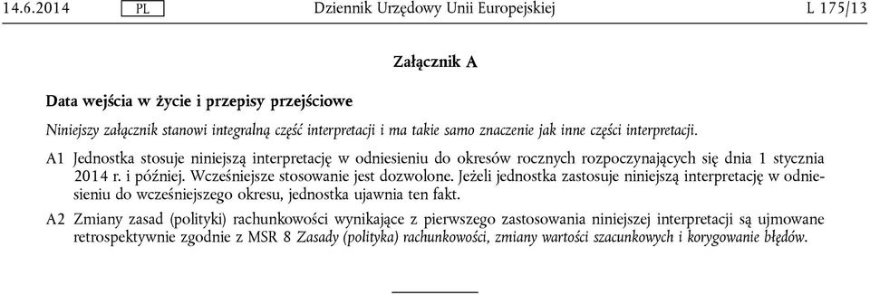 Wcześniejsze stosowanie jest dozwolone. Jeżeli jednostka zastosuje niniejszą interpretację w odniesieniu do wcześniejszego okresu, jednostka ujawnia ten fakt.