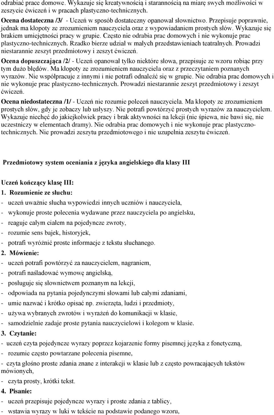 Wykazuje się brakiem umiejętności pracy w grupie. Często nie odrabia prac domowych i nie wykonuje prac plastyczno-technicznych. Rzadko bierze udział w małych przedstawieniach teatralnych.