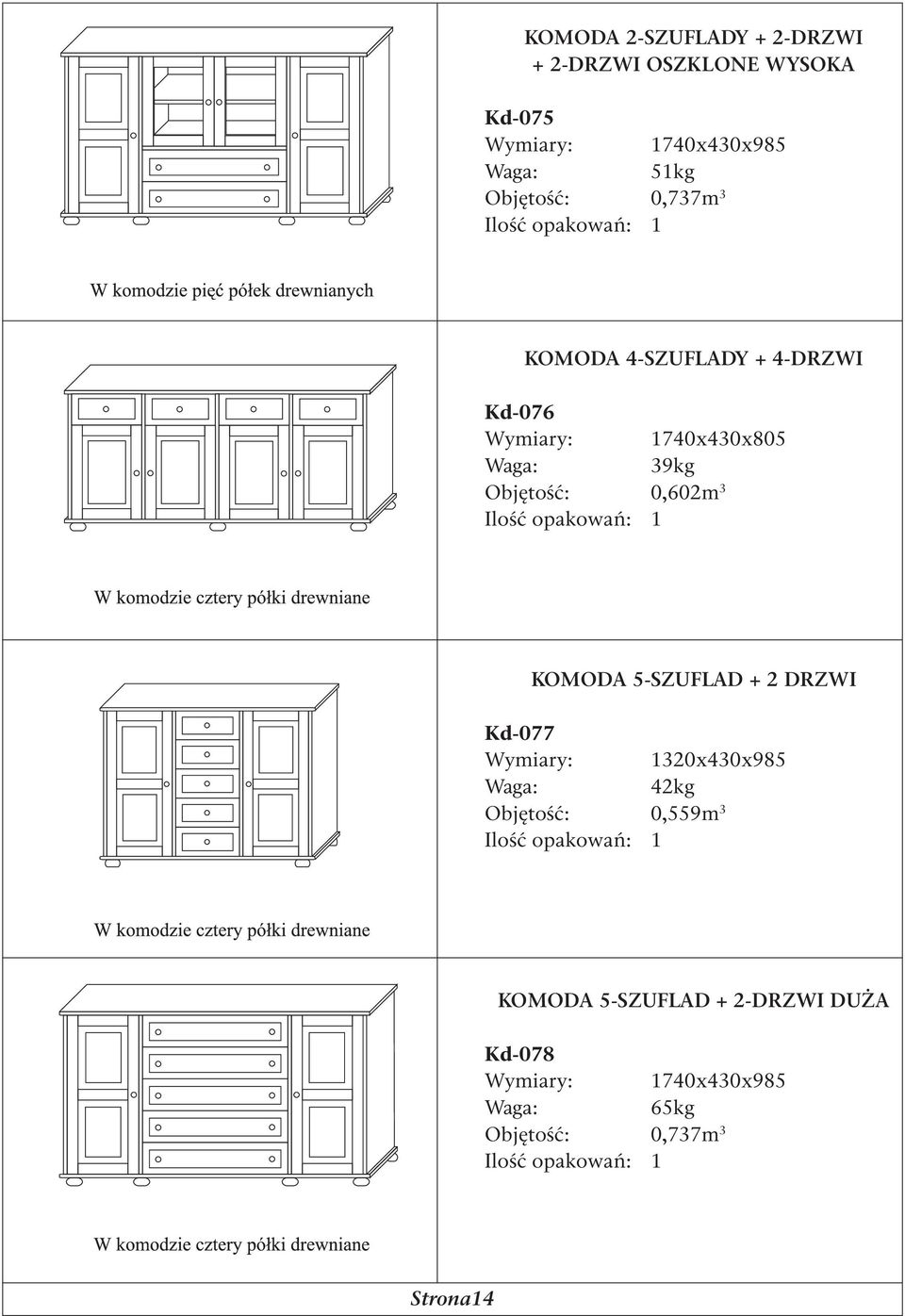 0,602m 3 KOMODA 5-SZUFLAD + 2 DRZWI Kd-077 Wymiary: 1320x430x985 42kg Objętość: 0,559m 3