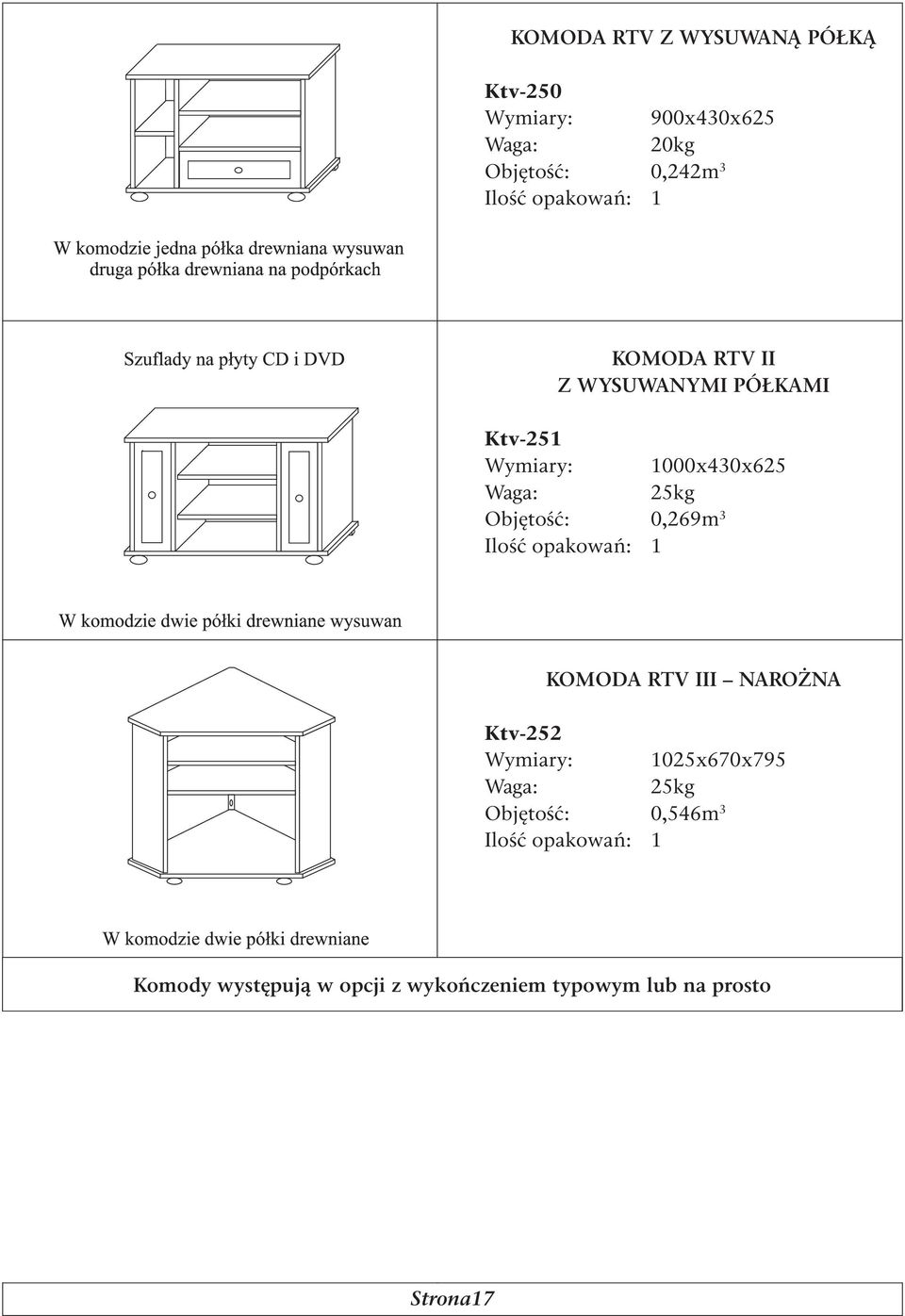 Objętość: 0,269m 3 KOMODA RTV III NAROŻNA Ktv-252 Wymiary: 1025x670x795 25kg