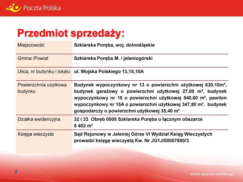 powierzchni użytkowej 27,00 m², budynek wypoczynkowy nr 15 o powierzchni użytkowej 540,60 m², pawilon wypoczynkowy nr 15A o powierzchni użytkowej 347,80 m², budynek gospodarczy