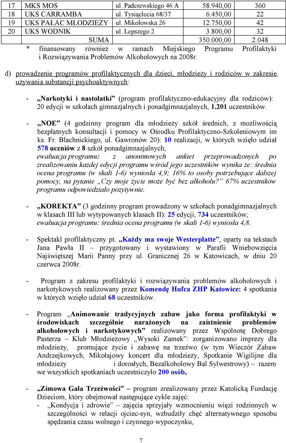 d) prowadzenie programów profilaktycznych dla dzieci, młodzieży i rodziców w zakresie używania substancji psychoaktywnych: - Narkotyki i nastolatki (program profilaktyczno-edukacyjny dla rodziców):