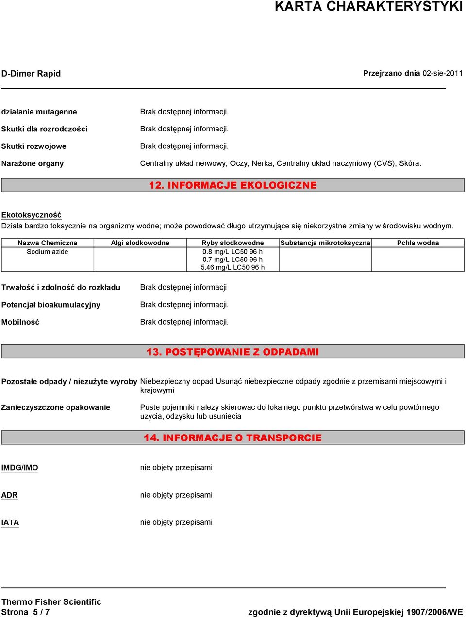 Nazwa Chemiczna Algi slodkowodne Ryby slodkowodne Substancja mikrotoksyczna Pchla wodna Sodium azide 0.8 mg/l LC50 96 h 0.7 mg/l LC50 96 h 5.