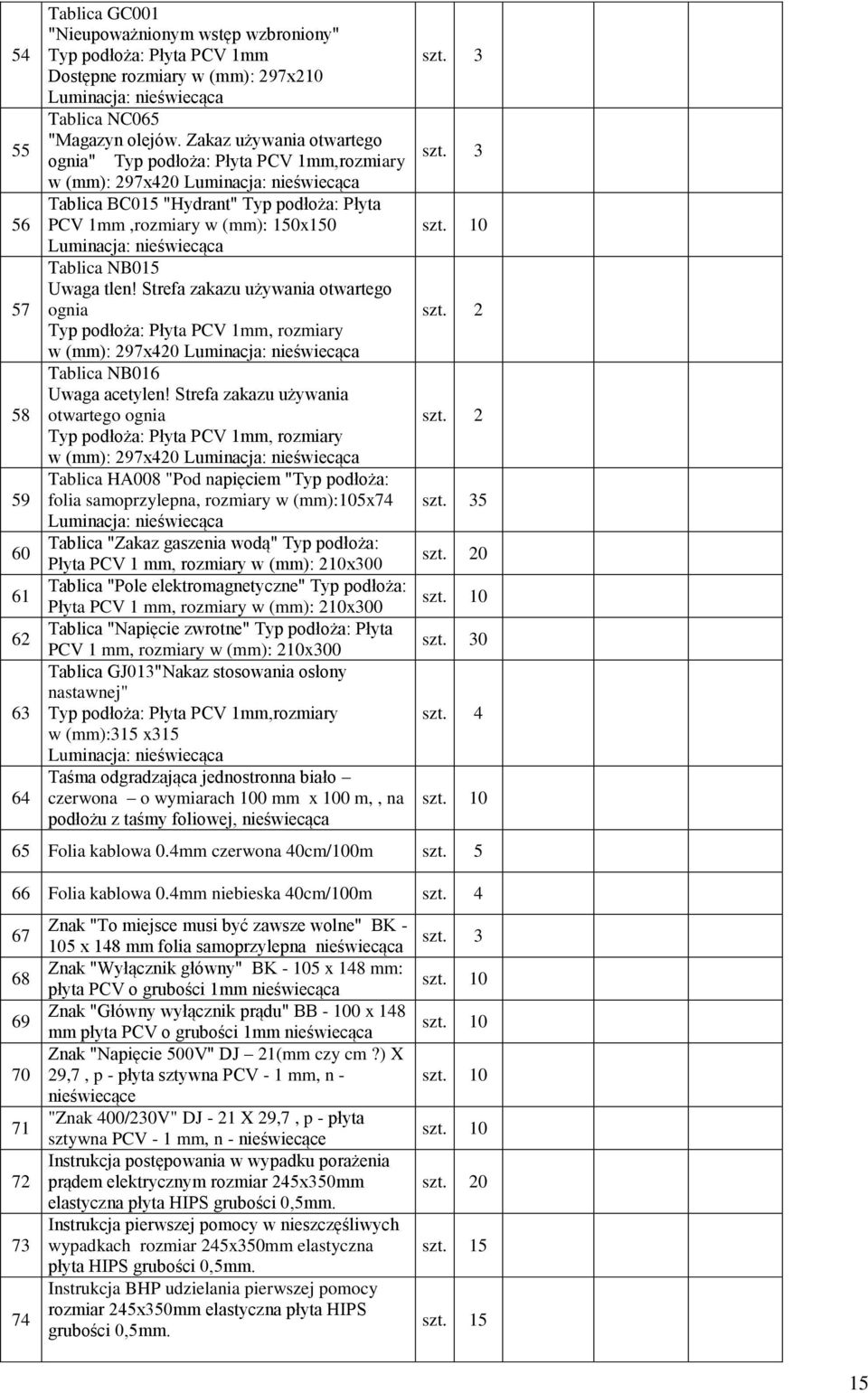 Strefa zakazu używania otwartego ognia szt. 2 Typ podłoża: Płyta PCV 1mm, rozmiary w (mm): 297x420 58 Tablica NB016 Uwaga acetylen! Strefa zakazu używania otwartego ognia szt.