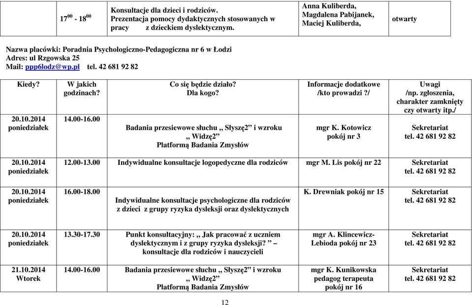 2014 poniedziałek 14.00-16.00 Badania przesiewowe słuchu Słyszę2 i wzroku Widzę2 Platformą Badania Zmysłów mgr K. Kotowicz pokój nr 3 zamknięty czy Sekretariat tel. 42 681 92 82 20.10.