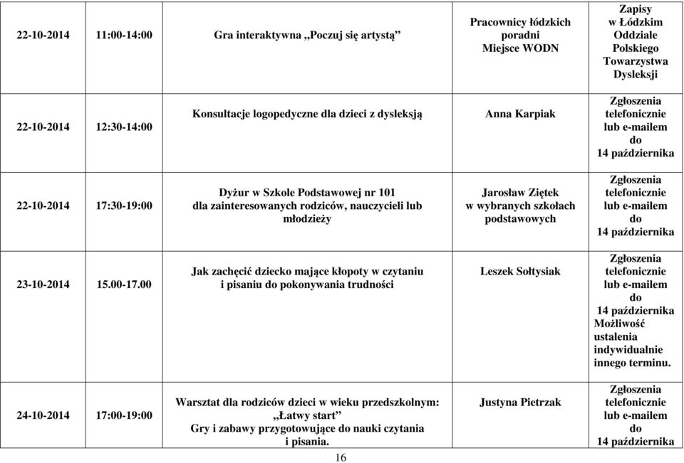 nauczycieli lub młodzieży Jarosław Ziętek w wybranych szkołach podstawowych Zgłoszenia telefonicznie lub e-mailem do 14 października 23-10-2014 15.00-17.