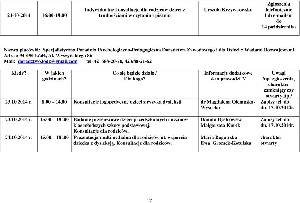 42 688-20-70, 42 688-21-62 23.10.2014 r. 8.00 14.00 Konsultacje logopedyczne dzieci z ryzyka dysleksji dr Magdalena Olempska- Wysocka Zapisy tel. do dn. 17.10.2014r. 23.10.2014 r. 15.00 18.