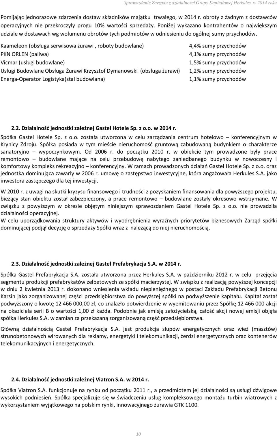 Kaameleon (obsługa serwisowa żurawi, roboty budowlane) 4,4% sumy przychodów PKN ORLEN (paliwa) 4,1% sumy przychodów Vicmar (usługi budowlane) 1,5% sumy przychodów Usługi Budowlane Obsługa Żurawi