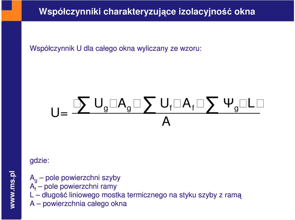 g pole powierzchni szyby A f pole powierzchni ramy L długość