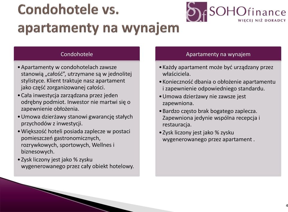 Większość hoteli posiada zaplecze w postaci pomieszczeń gastronomicznych, rozrywkowych, sportowych, Wellnes i biznesowych. Zysk liczony jest jako % zysku wygenerowanego przez cały obiekt hotelowy.