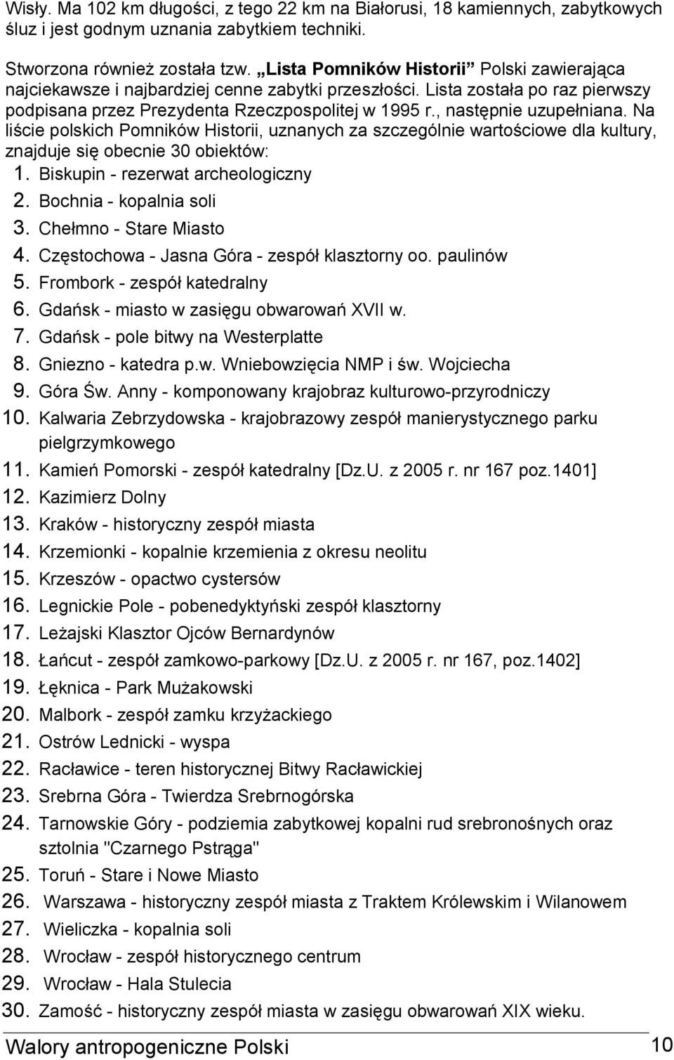 , następnie uzupełniana. Na liście polskich Pomników Historii, uznanych za szczególnie wartościowe dla kultury, znajduje się obecnie 30 obiektów: 1. Biskupin - rezerwat archeologiczny 2.