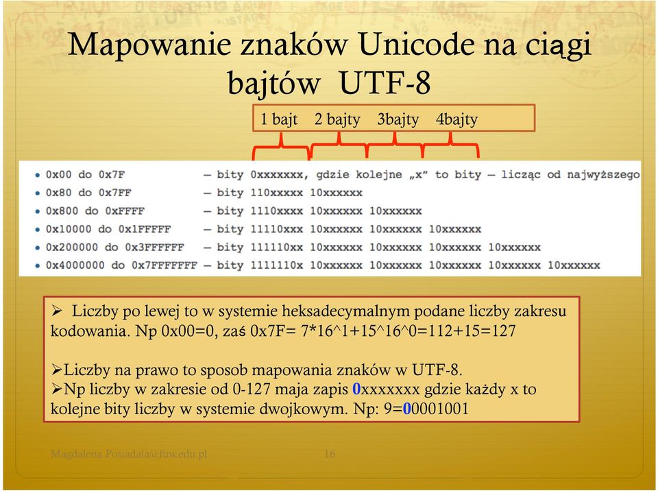 Np 0x00=0, zaś 0x7F= 7*16^1+15^16^0=112+15=127 Liczby na prawo to sposob mapowania znaków w UTF-8.